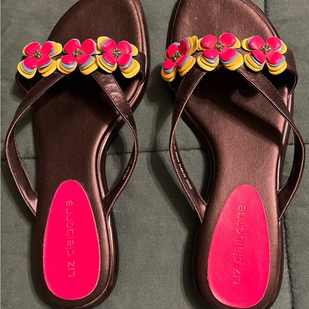 Liz Claiborne black bright pink, blue, green, yellow flowers sandals, 6 1/2